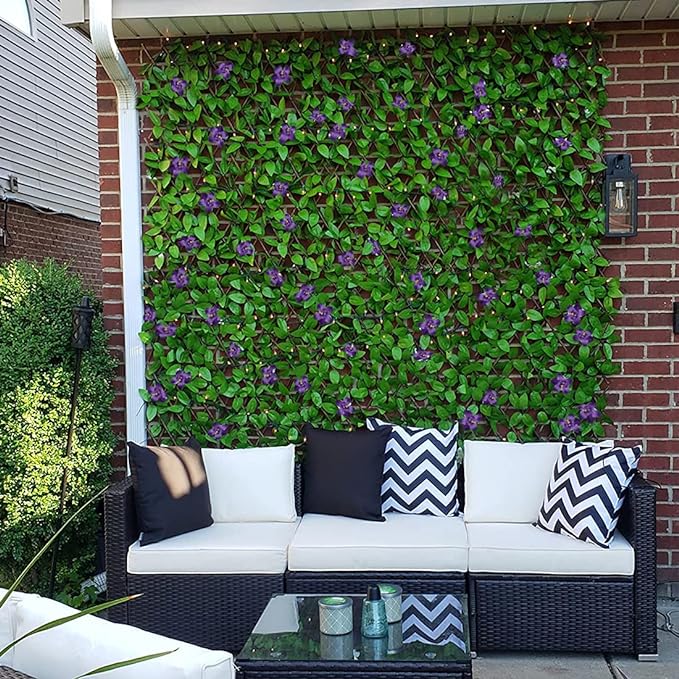 Expandable Fence Privacy Screen for Balcony Patio Outdoor,Decorative Faux Ivy Fencing Panel,Artificial Hedges (Single Sided Leaves) (4, Green Flowers)