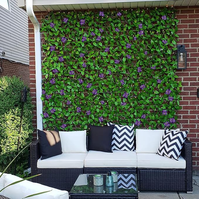 Expandable Fence Privacy Screen for Balcony Patio Outdoor,Decorative Faux Ivy Fencing Panel,Artificial Hedges (Single Sided Leaves) (2, Green Flowers)