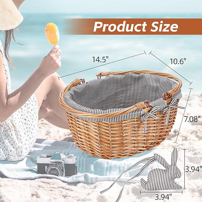 G GOOD GAIN Oval Picnic Basket with Folding Handles, Willow Hand Woven Shopping Basket, Bath Storage Gift Packing Basket, Wicker Empty Easter Eggs and Candy Small Gift Basket. Grey