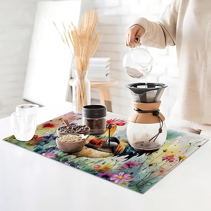 6 Pcs Placemats,Chicken Placemat,Flower Field Table Mats Washable Recyclable Table Placemats for Indoor Outdoor Heat Resistant Kitchen Dining 12"x18"