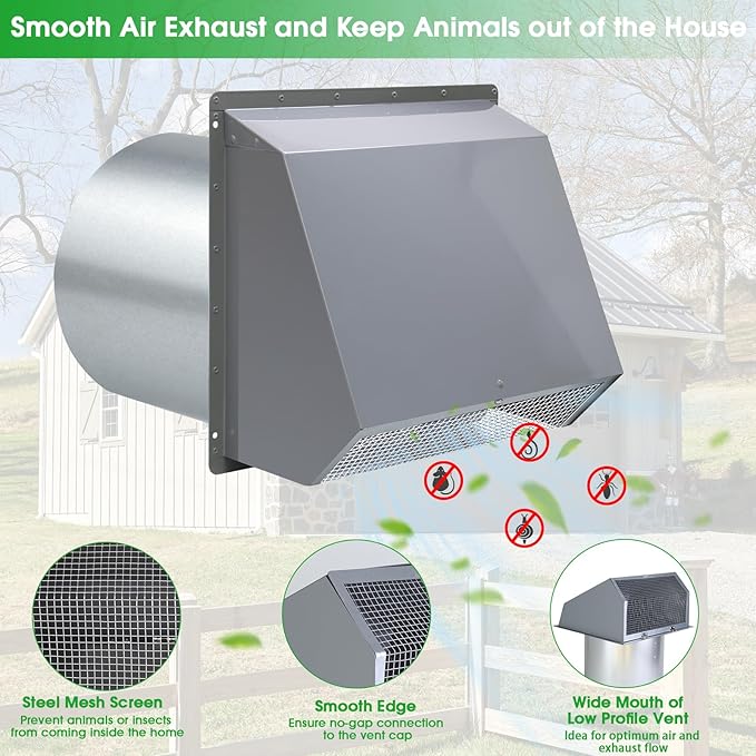 6 Inch Hooded Wall Vent with Screen and Damper,6 Inch Exhaust Vent Cover Cap for Outdoor Kitchen Range Hood Dryer Ventilation,Outside Wall Mount Extractor for House Air Exhaust,Galvanized Steel,Gray
