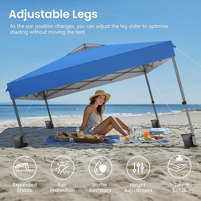 PHI VILLA 10x10 Pop Up Canopy Tent - One Push Setup, Instant Shade Tent with Vented Roof for Beach & Events - Includes Storage Bag, Sandbags, Stakes & Ropes (Blue)