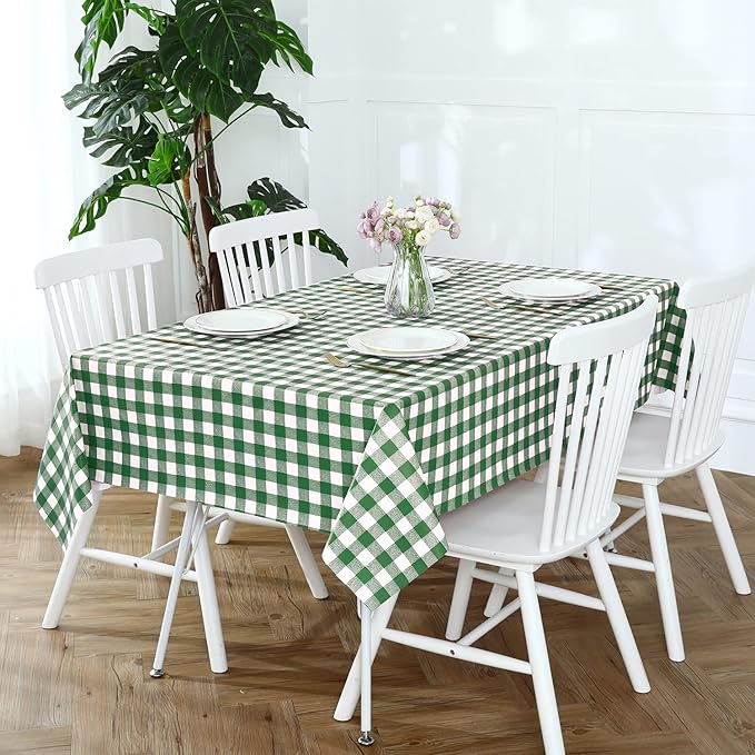Romanstile Rectangle Vinyl Tablecloth, 100% Waterproof Buffalo Gingham Plastic Table Cloth, Heavy Duty Wipeable Checkered Table Covers for Outdoor, Camping, Picnic, Patio - 54 x 120, Green and White