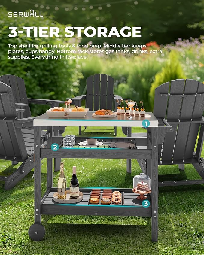 SERWALL Outdoor Grill Cart Pizza Oven Stand Trolley Table with Wheels Three-Shelf Movable Food Prep and Work Table, Grey