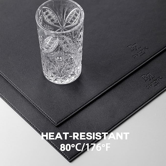 Faux Leather Placemats Set of 6 Vinyl Washable Wipeable Table Mats for Kitchen Dining Table Heat Resistant Waterproof Modern Indoor/Outdoor Placemats Non-Slip Easy Clean Place Mats (Black)