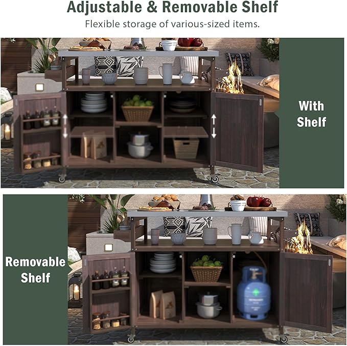 Rolling Cart ，Storage Cabinet, Grill Table ，Artificial Board，with Stainless Steel Top, Internal Storage Racks，Spice Rack, Towel Rack ， Kitchen ，Barbecue, Outdoor