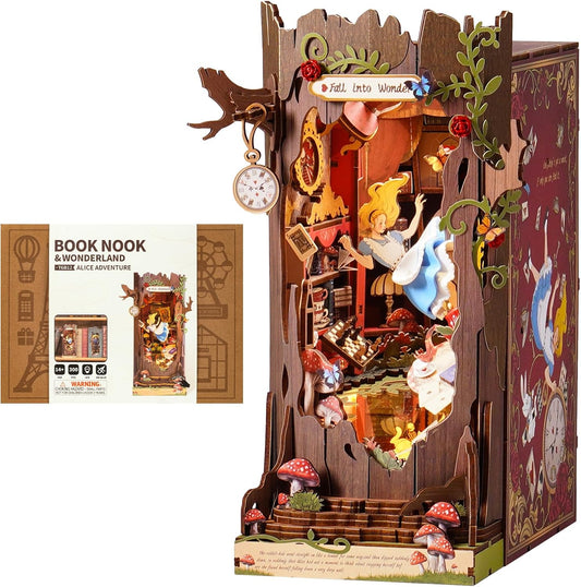 ROBOTIME Book Nook Kit, Fairy Tale Princess DIY Miniature House Kit, Fall into Wonder 3D Wooden Puzzle Bookends, Tiny House Bookshelf Decor Creative Decorative Unique Gifts for Adults & Teens