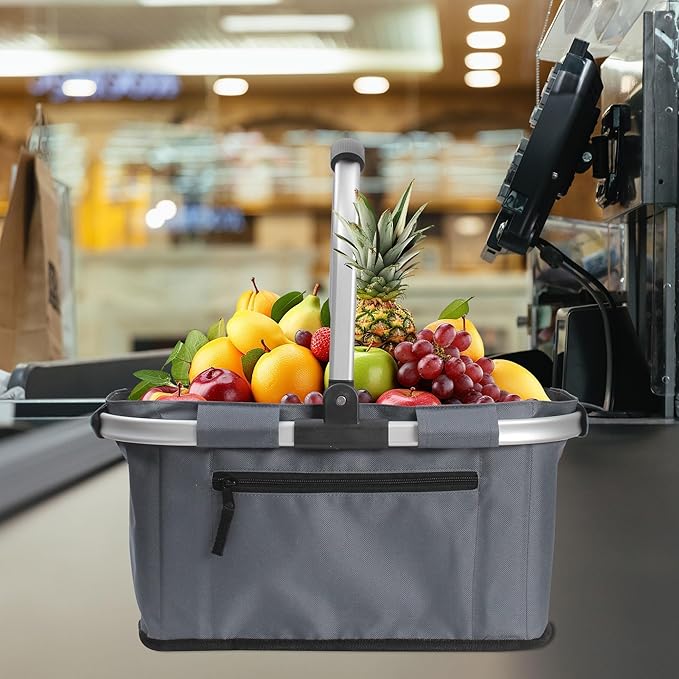 SIYUAN Picnic Basket with Handle 22L Collapsible Grocery Shopping Basket Portable Folding for Travel Camping Reuasble Market Bag, Grey