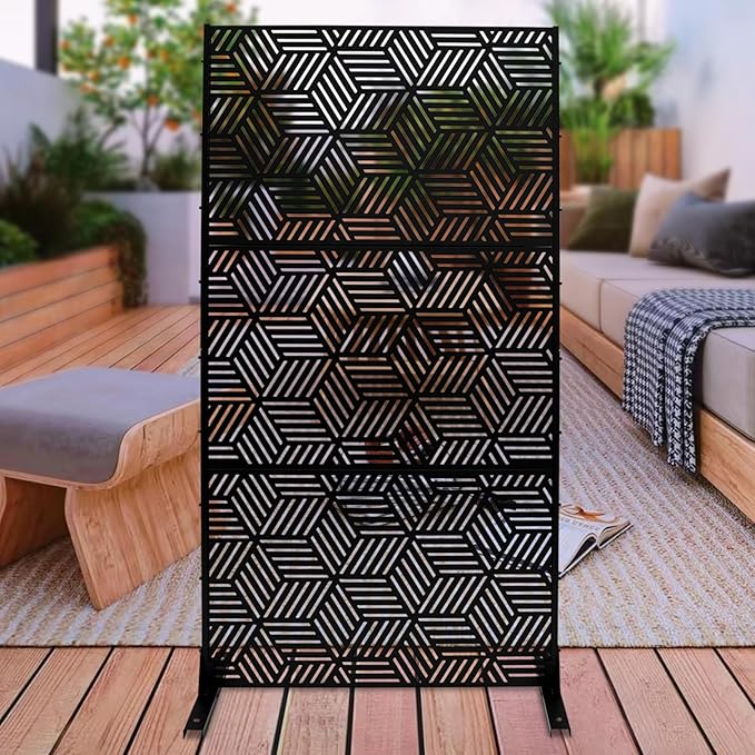 Outdoor Privacy Screens Freestanding, Rustproof Metal Decorative Fence Panels, Rhombic Pattern Tall Outdoor Divider Privacy Fence Screens for Outside Backyard Garden Patio,36.25x71.5inch (Black)