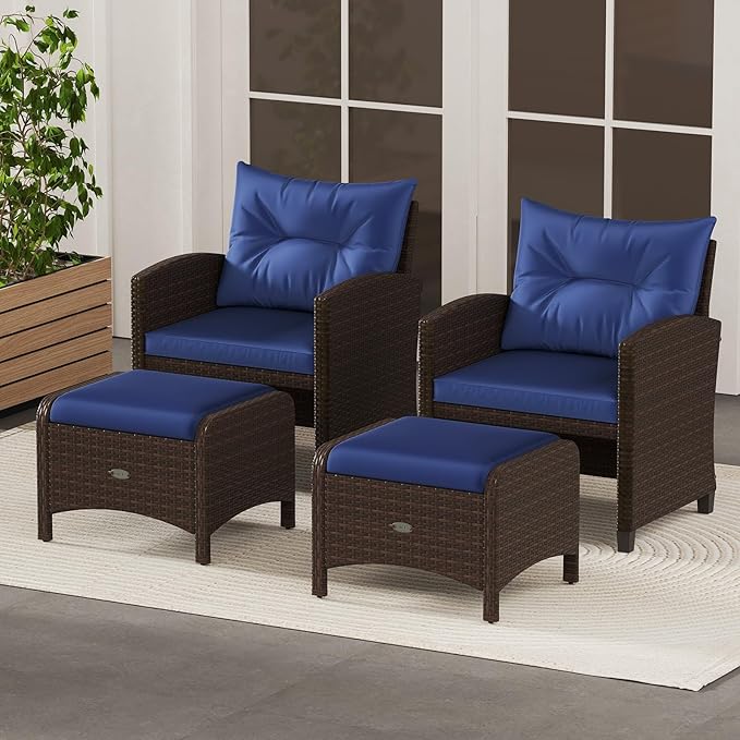 Tangkula 2 Pieces Outdoor Patio PE Wicker Ottomans with Removable Cushions, Outdoor Furniture for Additional Seating, Footrest and Side Table, Outdoor Footstools for Porch, Garden and Backyard