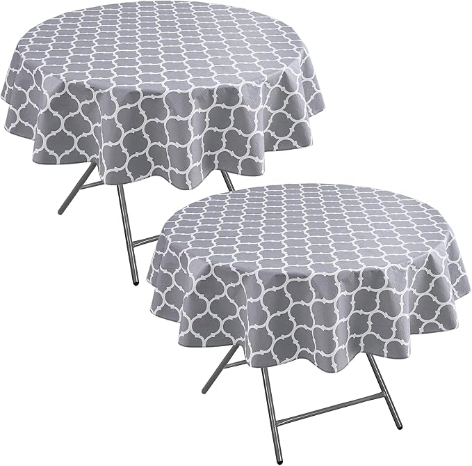 Nasitos 2 Pack 60 Inch Round Plastic Vinyl Tablecloth with Flannel Backed for 4Ft Round Table Moroccan Grey