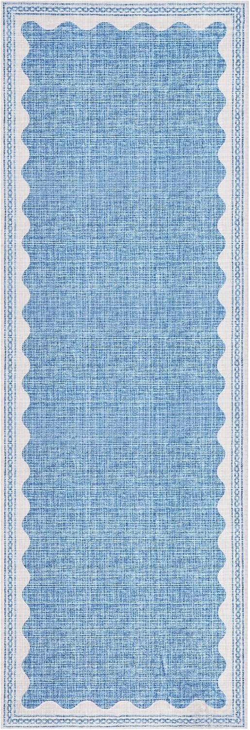 Scalloped Rug 2.5x8 Runners for Hallways, Solid Blue Runner Rugs Non Slip Scalloped Bath Runner, Washable Mat for Bedroom Girls, Rugs for Kitchen Floor Soft Dorm Nursery Carpet for Bedside