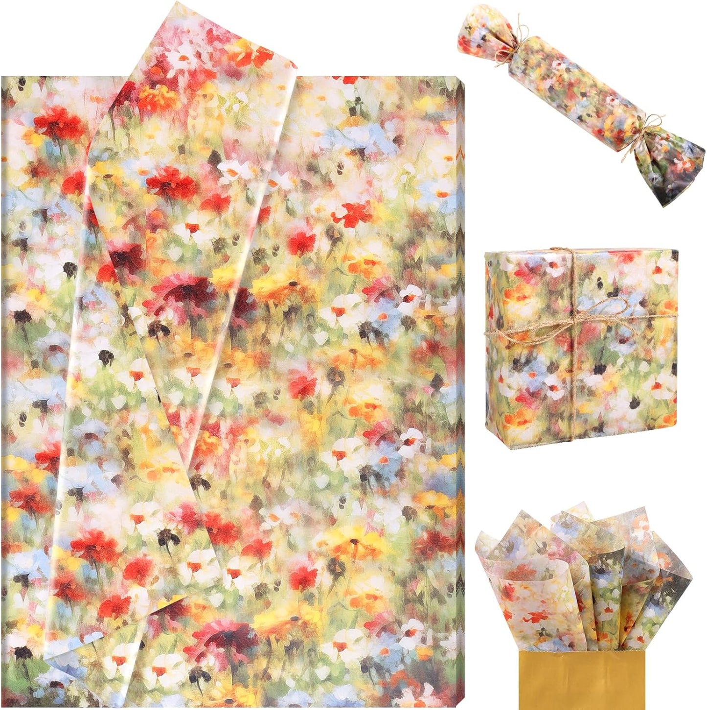 60 Sheets Monet Floral Garden Tissue Paper, 20 x 14 Inch Wildflower Monet Garden Patterns Art Wrapping Paper for Spring Birthday Wedding Spring Party Baby Shower Party Supplies