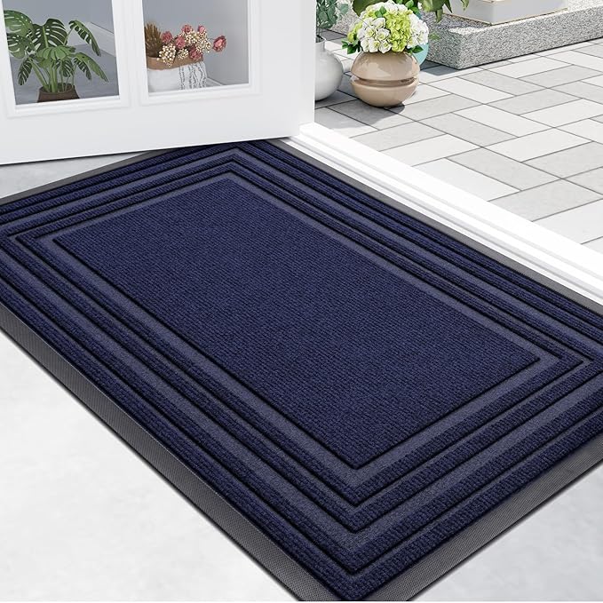 Buganda Front Door Mat Indoor Outdoor Entrance, Non-Slip Natural Rubber Doormats, Easy Clean, Low Profile, Dirt Trapper Entryway Floor Mats for Outside, Garages and Patios, 29.5x17, Navy