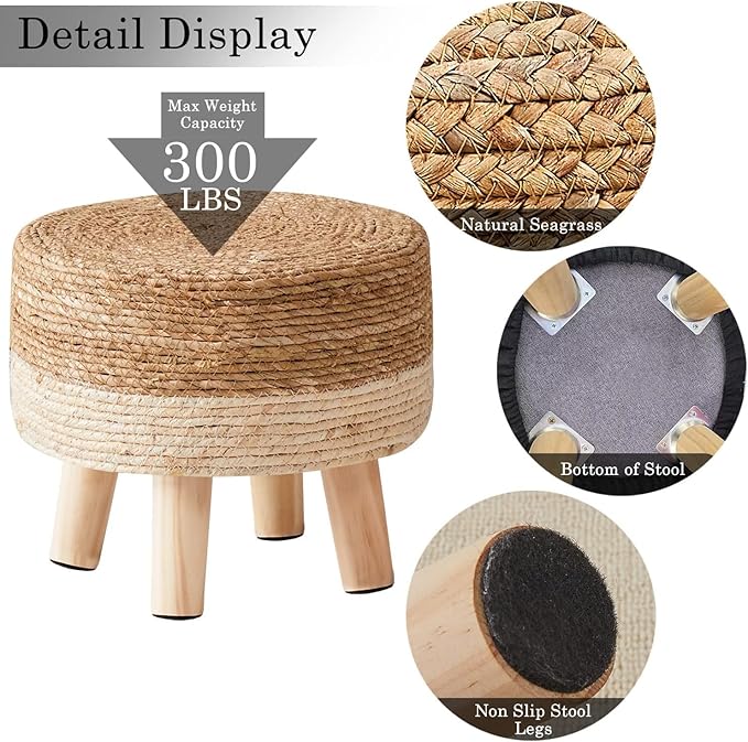 Wimarsbon Round Foot Stool Natural Seagrass Poufs Ottoman Hand Weave Footrest Stool for Couch Desk Extra Seat Step Stool with Solid Wood Legs for Hallway Patio Lounge White