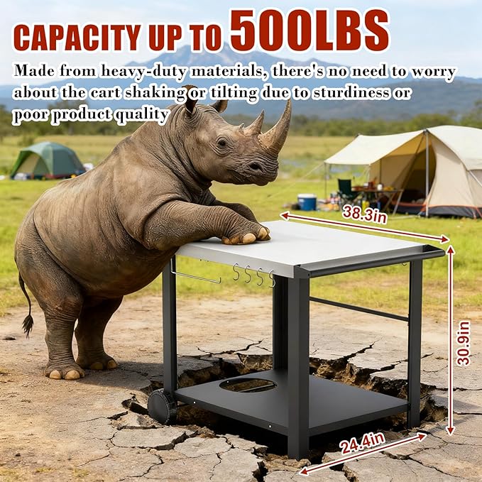34" x 24" Movable Stainless Steel Flattop Grill Cart for Ninja Woodfire & Blackstone Griddles, Pizza Oven Table for Outside, Extra-Wide Stainless Steel Cart with Wheels for Kitchen Food Prep Table