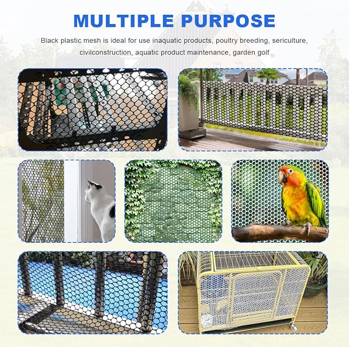Plastic Chicken Wire Mesh Fence Roll with Zip Ties,15.7inx16.4ft Black,Chicken Wire Fencing,Garden Fence Animal Barrier for Dogs, Cats & Poultry,Easy Install