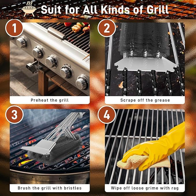 Grill Brush and Scraper-18 Adjustable Handle Safe BBQ Grill Brush for Outdoor Grill-Deep Grill Clearning Brush wih Bottle Operner Extra Strong BBQ Cleaner Accessories for Gas/Charcoal Grilling Grates
