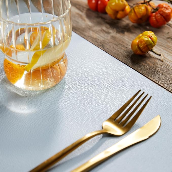 DOLOPL Faux Leather Placemats Set of 6, Wipeable Anti Slip Dining Place Mats for for Kitchen Dining Room Table Decorations, Dusty Blue Heat Resistant Table Place Mats for Indoor & Outdoor Use
