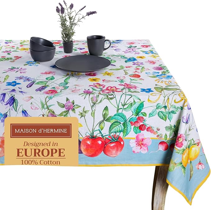 Maison d' Hermine Table Cloth Rectangle Table 100% Cotton 70 x 90 Inches Tablecloth Reusable Decorative Everyday Use for Dining Room, Farmhouse, Home, Party, Festive & Wedding Spring Summer - Giverny
