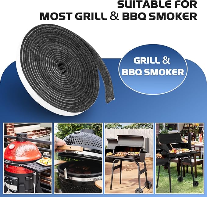 15 FT BBQ Smoker Gasket, 1/2" x 1/8" High Temperature Grill Gasket Replace for BBQ Door Lid Seals, Gray Self Stick Smoker Seal Gasket Withstand Hi-temp Up to 400°F