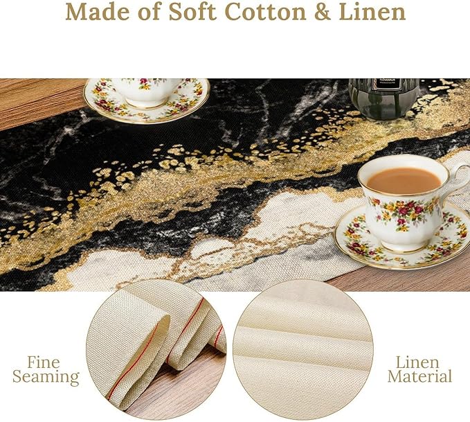 Marble Table Runner, Ink Golden Marble Texture Table Runner for Kitchen Wedding Farmhouse Indoor Outdoor Home Party 13x120in