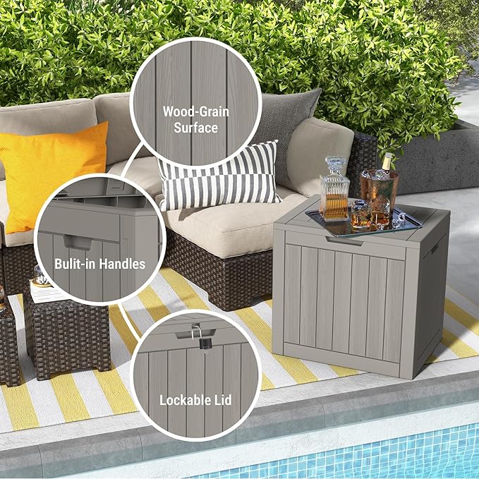 Mars Villa 31 Gallon Deck Box, Waterproof Weatherproof and UV Resistant Resin Storage Bin with Lockable Lid, Ideal for, Outdoor, Patio Furniture Cushions, Pool Supplies, Garden Tools, Greige