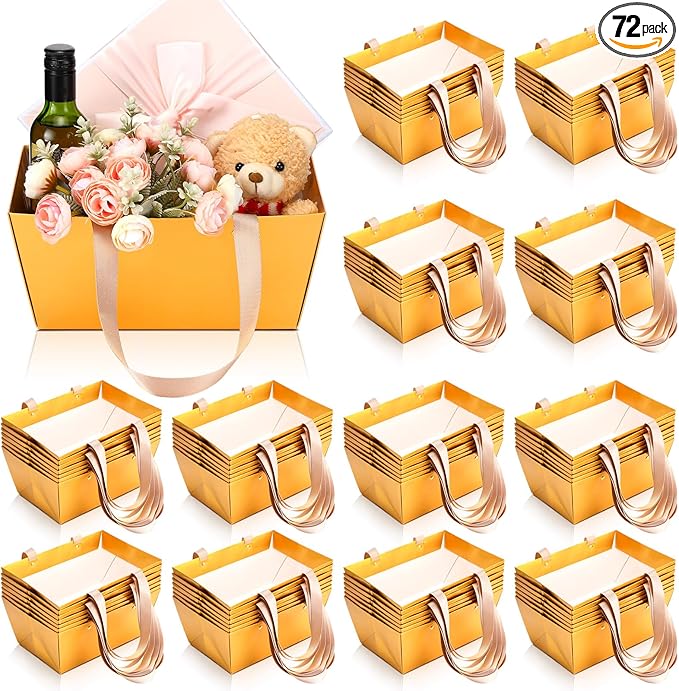 Glenmal 72 Pcs Baskets for Gifts Waterproof Empty Kraft Basket Bulk with Handles 9.8 x 6.5 x 4.3'' Gift Basket Empty to Fill for Wedding Party Christmas Valentines(Gold)