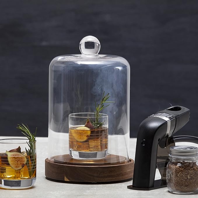 Crafthouse by Fortessa Individual Mini Glass Smoke Cloche for Cocktails/Charcuterie/Drinks/Food with Handheld Smoker, 3 Pieces, Clear (CFH.5.9211)