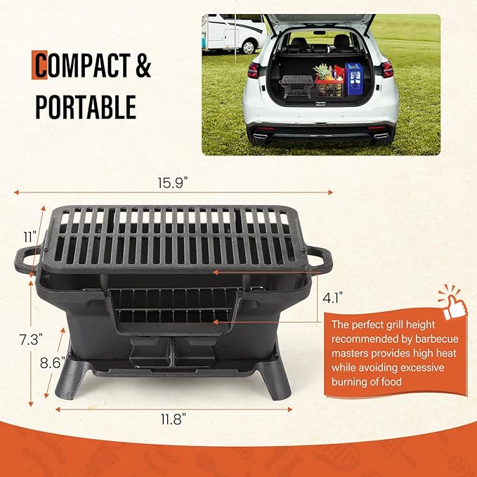 Hibachi Grill Outdoor, Portable Mini Charcoal Grill, Pre-Seasoned Cast Iron, Small Japanese Yakitori Tabletop Skillet Grill Stove for Outdoor Camping