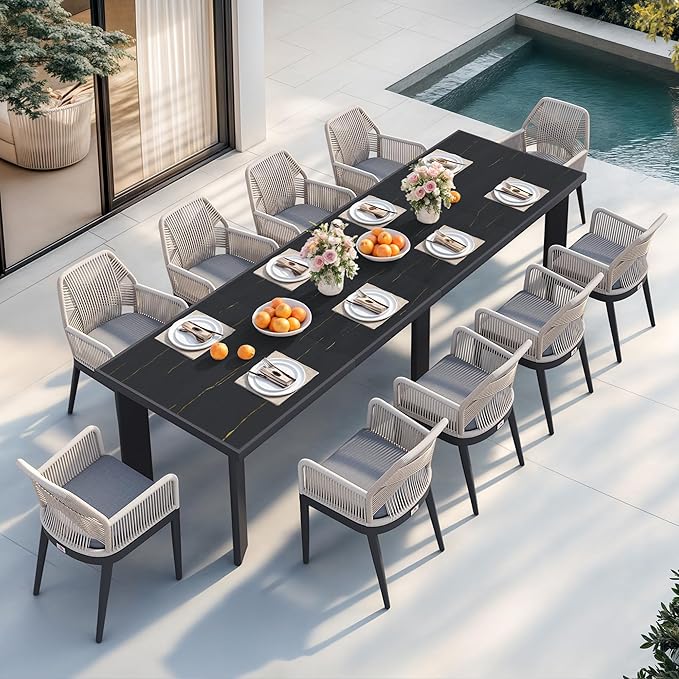 PURPLE LEAF 11 Pieces Patio Dining Set Aluminum Modern Rectangular Table and Rattan Arm Chairs with Cushions for Kitchen Porch Garden Outdoor Furniture Sets, Dark Grey