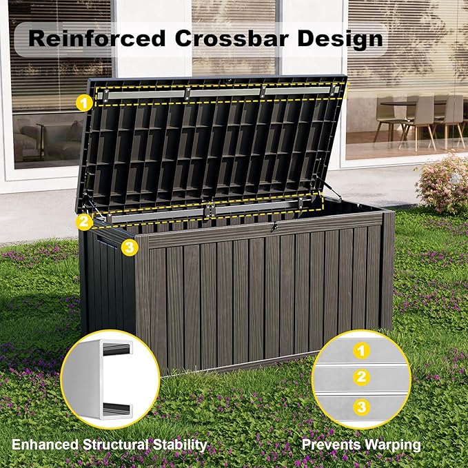 DRATO 150 Gallon Outdoor Storage Box, Large Waterproof Deck Box, Lockable Resin Storage Container with Reinforced Support for Patio Cushions, Garden Tools, UV-Resistant Outdoor Chest（Black，150 Gallon）