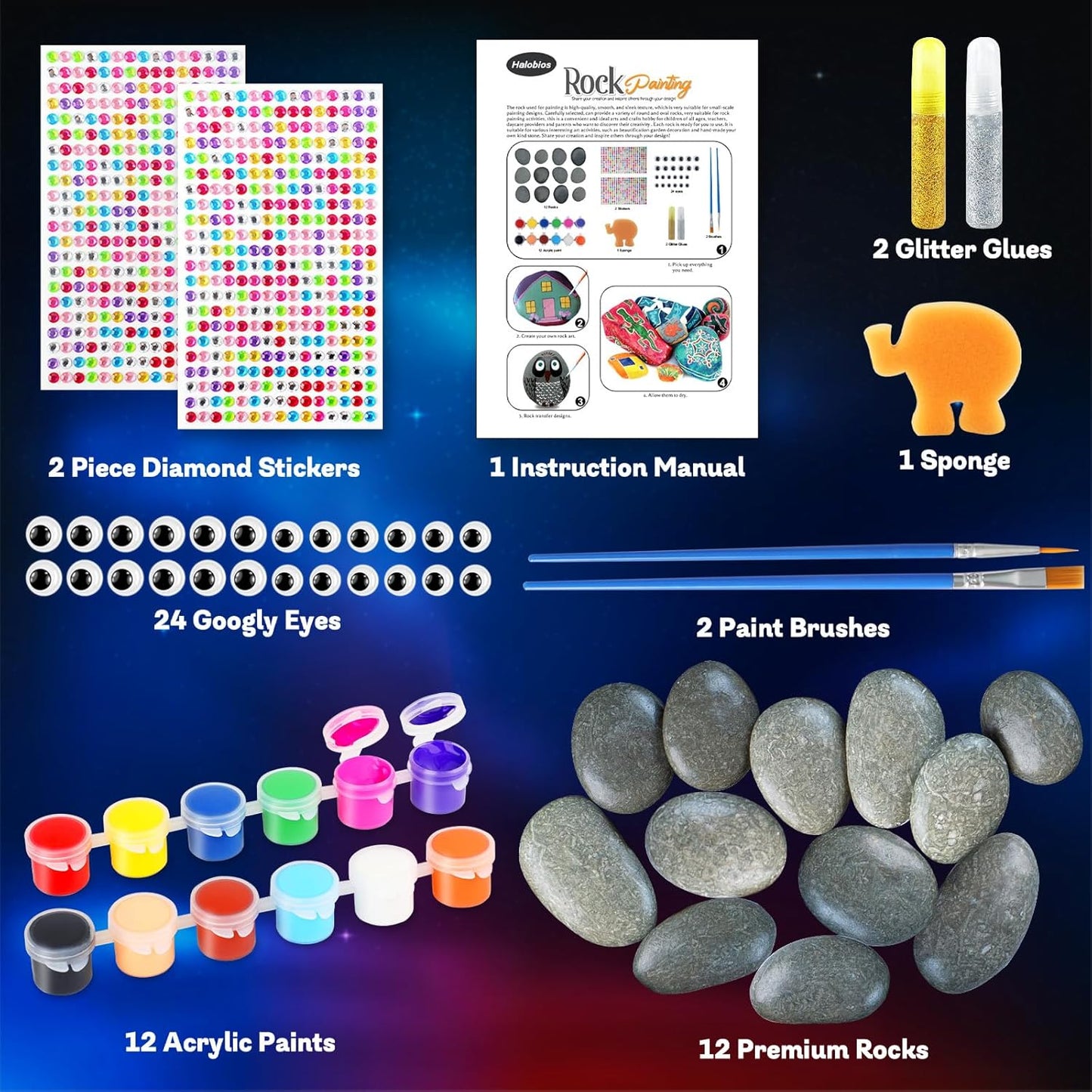 Halobios Rock Painting Kit, 12 Rocks for Painting, Arts and Crafts for Kids Ages 6-12, Rock Painting Kit for Adults, Art Supplies for Birthday Children's Day Gifts