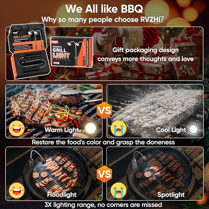 Valentines Day Gifts for Him Unique: 2 Pack RVZHI Grill Light BBQ Grilling Accessories with 8.3" Extended Gooseneck - Bright Magnetic LED Smoker Tools - Mens Valentines Gifts for Dad Husband Boyfriend