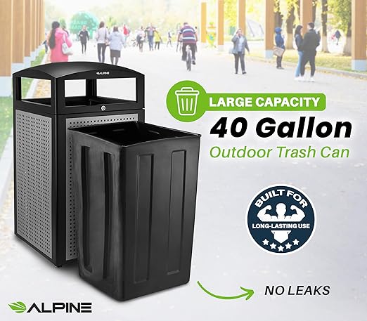Alpine Industries 40 Gallon Commercial Outdoor Trash Can, Metal with Removable Bin & Locking Lid (Black & Grey)