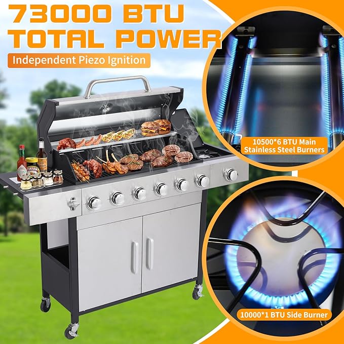 CIG GARDEN 6 Burner Propane Gas Grill With Side Burner,3 in 1 Gas BBQ Grill,73000 BTU Outdoor Barbecue Propane Griddle Grill Combo for Camping, Patio, Backyard