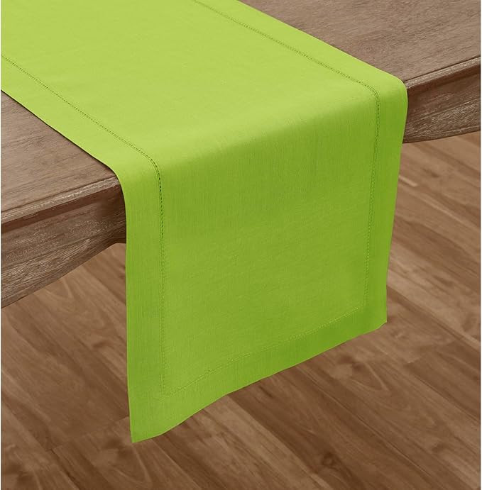 Solino Home Linen Table Runner 120 Inches Long - 100% Pure Linen Lime Green Table Runner 14 x 120 Inch for Spring, Easter, St Patricks Day - Classic Hemstitch