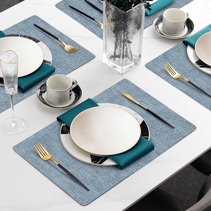 Faux Leather Heat Resistant Placemats Set of 6 – Waterproof Oilproof Wipeable Dining PU Vinyl Place Mat Easy Clean Table Mats for Kitchen/Dining/Party/Holiday, Blue