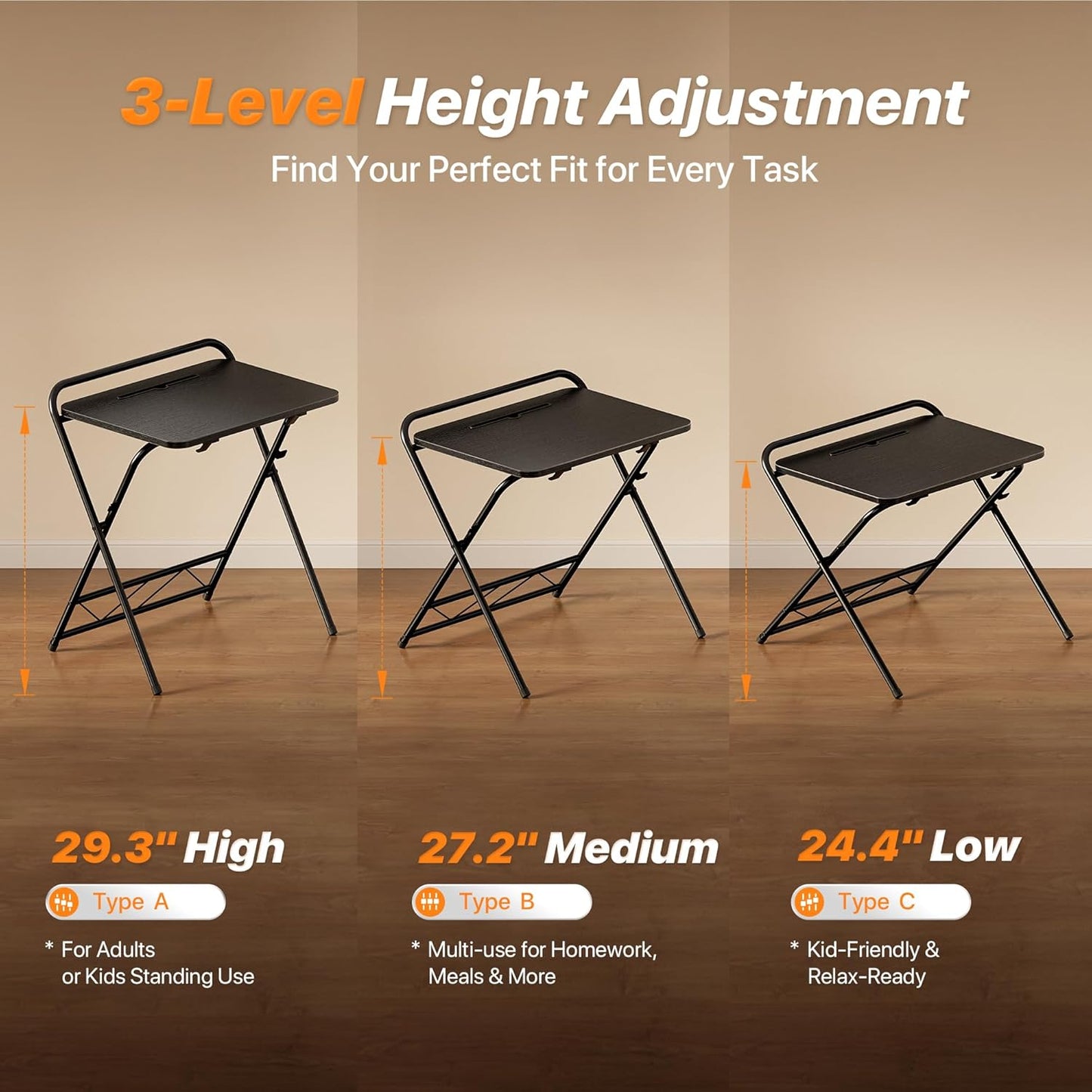 Huuger Folding Desk with 3-Level Adjustable Height and Tablet Slot, 24 Inch Foldable Computer Desk for Small Spaces, Space Saving, Study Writing Work Table for Home Office, Bedroom, Study, Black