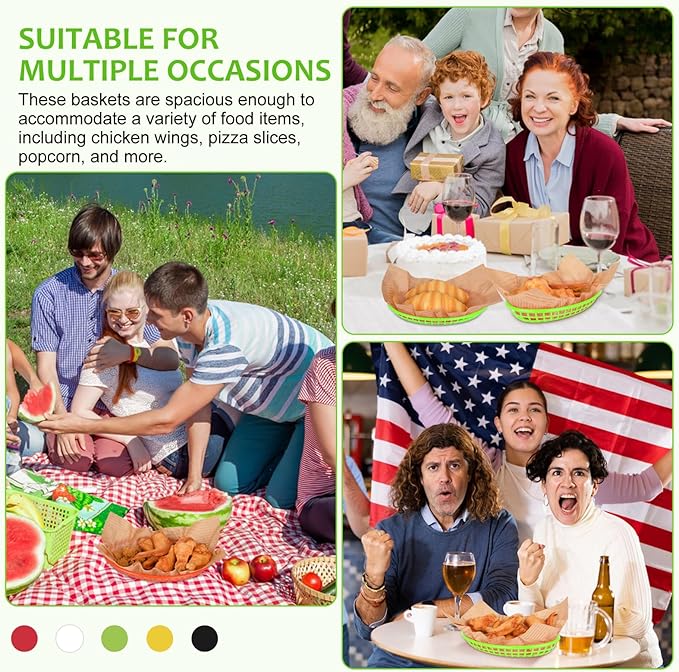 20 Pack Plastic Fast Food Baskets, 8.8" × 5.5" Small Oval Restaurant Serving Baskets Tray for Burgers, Sandwiches, Hot Dogs, Parties, Food Trucks, Reusable or Disposable, Stackable(Green)