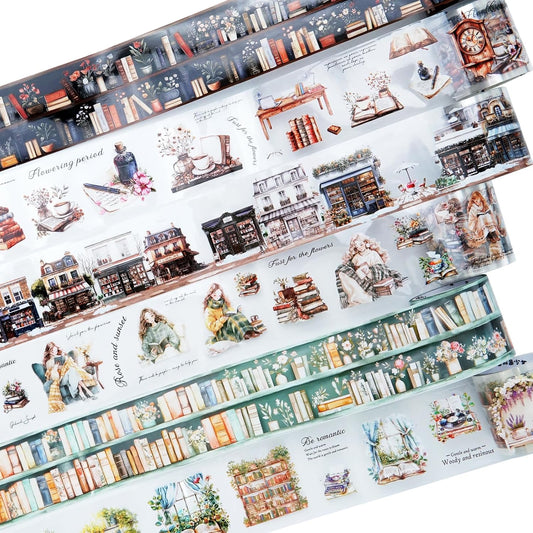 Reading Time PET Tape Set, 6 Rolls Mixed Pre-Cut and Continuous Tape with Clip, Waterproof Scrapbook Supplies for Journaling, DIY Crafts, and Planners