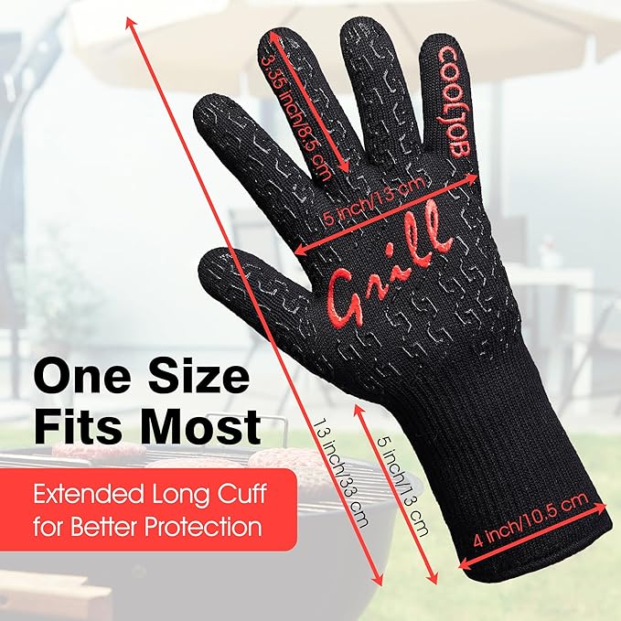COOLJOB Heat Resistant BBQ Gloves for Hot Temperature Cooking, Barbecue Grilling or Baking Bread Pizza, 800 Degrees Safe Oven Mit with Fingers, Aramid Fiber with Silicone Grip, One Size, Black