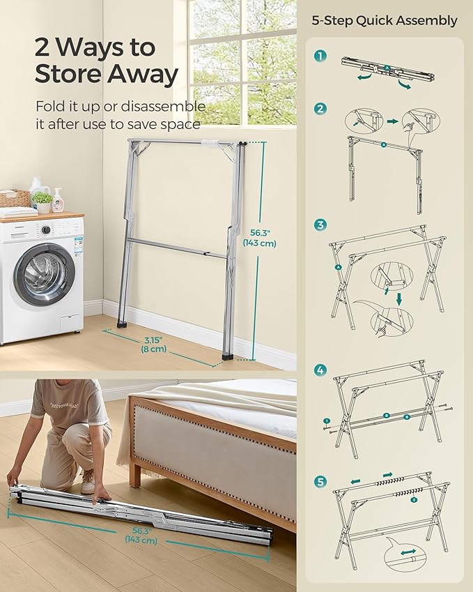 SONGMICS Clothes Drying Rack, Heavy-Duty Laundry Drying Rack, 45.7-63.4 Inches Extendable, Foldable Freestanding Airer, Stainless Steel, for Indoor Outdoor Use, Dove Gray ULLR901E01