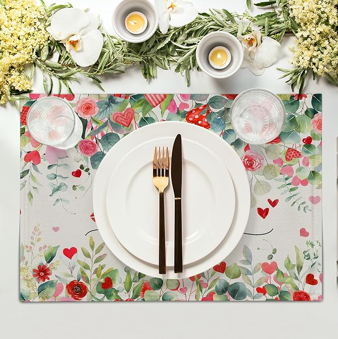 Valentines Day Love Heart Rose Placemats Set of 4 Valentine Eucalyptus Leaves Linen Table Mats Heat 12x18 Inch Spring Resistant Washable Table Mats for Kitchen Dining Decoration