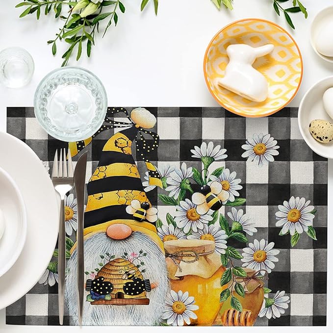 Seliem Spring Bee Gnome Daisy Placemats Set of 4, Honey Black White Buffalo Check Plaid Dining Table Place Mats, Summer Seasonal Farmhouse Kitchen Decor Home Decoration 12 x 18 Inch
