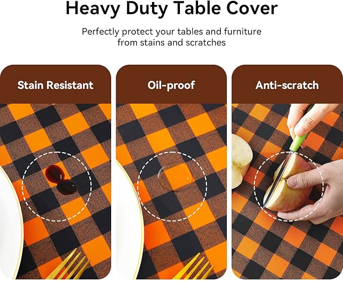 Romanstile Rectangle Vinyl Tablecloth, 100% Waterproof Buffalo Gingham Plastic Table Cloth, Heavy Duty Wipeable Checkered Table Covers for Outdoor, Camping, Picnic, Patio - 54 x 120, Black and Orange
