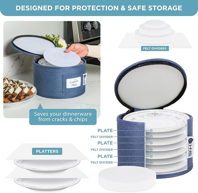 China Storage Hard Shell Containers 12-Piece Set Moving Boxes for Dinnerware, Glasses, Plates, Mugs and Saucers Sturdy Dish Organizer with Dividers for Seasonal Storage - Service for 12 - Denim Blue
