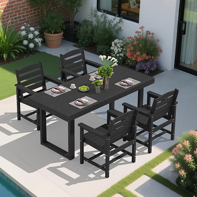SERWALL HDPE Outdoor Dining Set for 4, 67'' All Weather Patio Dining Table and Chairs Set for Deck, Lawn, Black