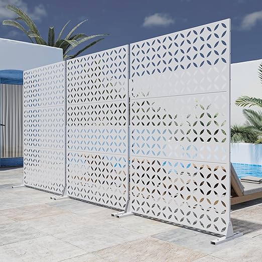 Casaphoria Metal Privacy Screen Outdoor, 72" H x 47" W Freestanding Decorative Privacy Screen for Patio Deck Balcony Garden with Stable Base, White-Daniel