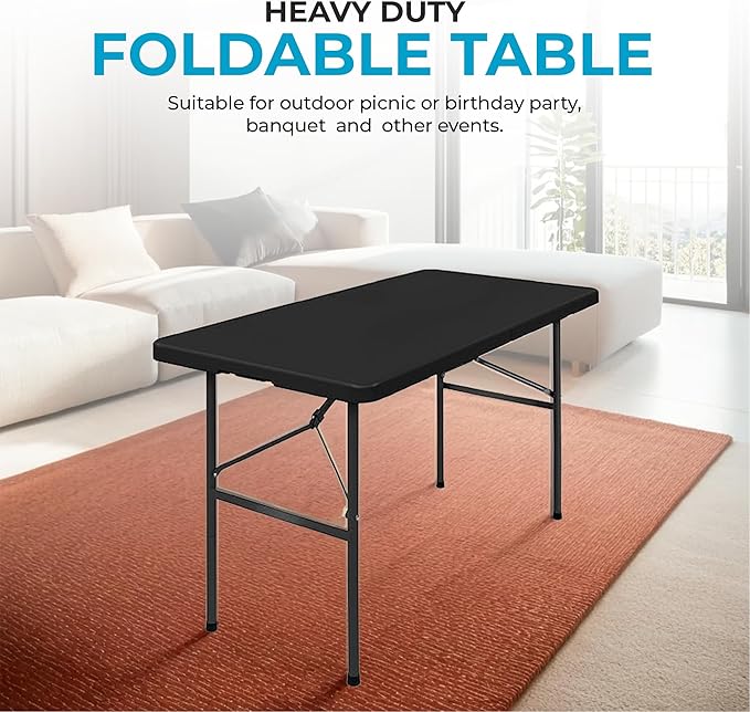 SIMPLI-Magic 4ft Portable Plastic Folding Table – 17% Thicker Than Others – Indoor & Outdoor Heavy-Duty Foldable Utility Table w/Handle for Party & Camping (Black)